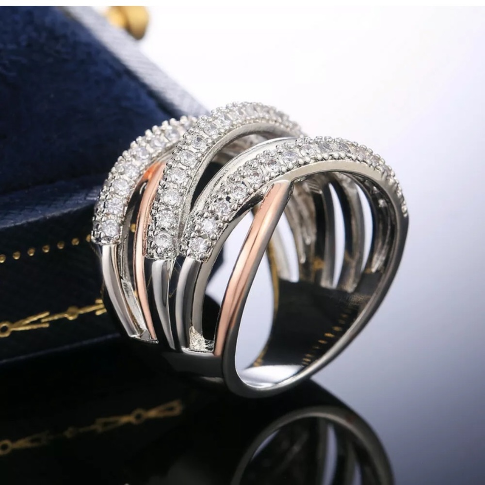 Luxury Two Tone 925 Silver Rings White Sapphire - Picture 2 of 5